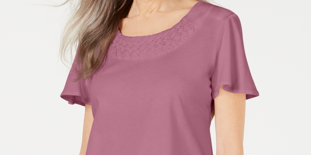 Blusa feminina Karen Scott com acabamento em trama de cesta e mangas bufantes, rosa, tamanho grande