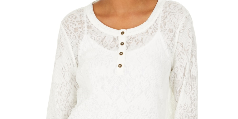 Top Henley de renda feminino Style &amp; Co, branco, tamanho pequeno