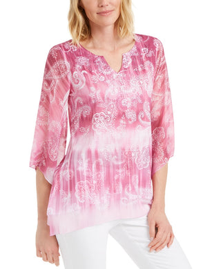Blusa feminina JM Collection com estampa Paisley e decote dividido, rosa, tamanho grande