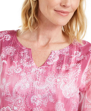 Blusa feminina JM Collection com estampa Paisley e decote dividido, rosa, tamanho grande
