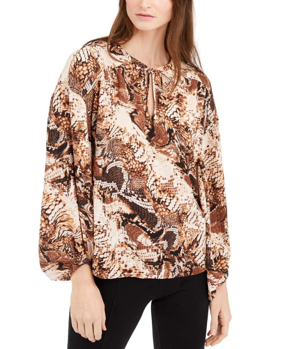 Blusa feminina INC International Concepts com estampa de cobra e decote redondo, tamanho médio, marrom