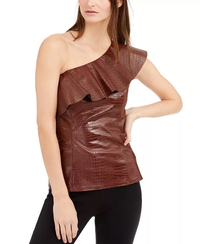 INC International Concepts Top feminino de couro sintético com relevo de crocodilo, marrom, tamanho médio