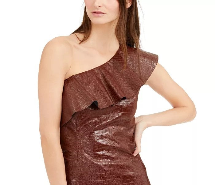 INC International Concepts Top feminino de couro sintético com relevo de crocodilo, marrom, tamanho médio