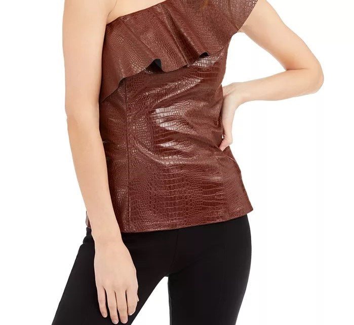 INC International Concepts Top feminino de couro sintético com relevo de crocodilo, marrom, tamanho médio