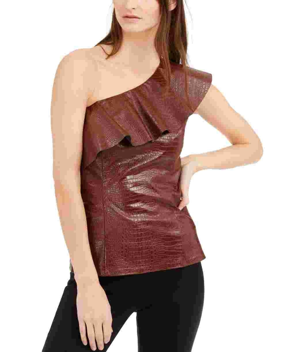 INC International Concepts Top feminino de couro sintético com relevo de crocodilo, marrom, tamanho X-Large