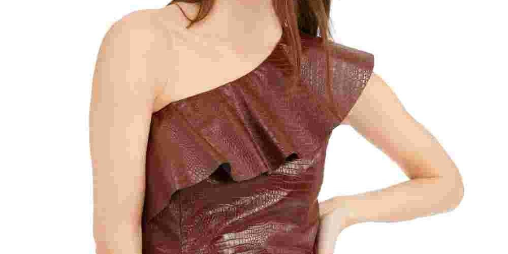 INC International Concepts Top feminino de couro sintético com relevo de crocodilo, marrom, tamanho X-Large