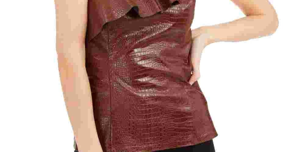 INC International Concepts Top feminino de couro sintético com relevo de crocodilo, marrom, tamanho X-Large