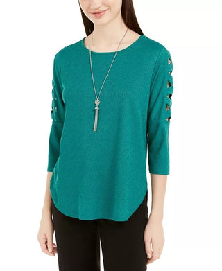 BCX Junior's Lattice Detailed Sleeve Top Green Size Medium
