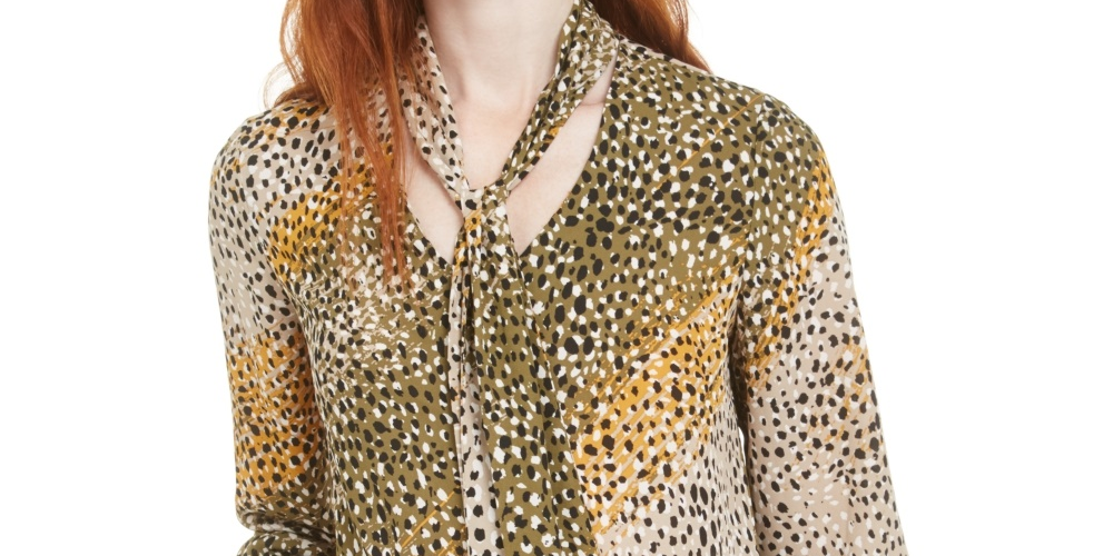Blusa feminina estampada com amarração no pescoço Bar III, verde, tamanho pequeno