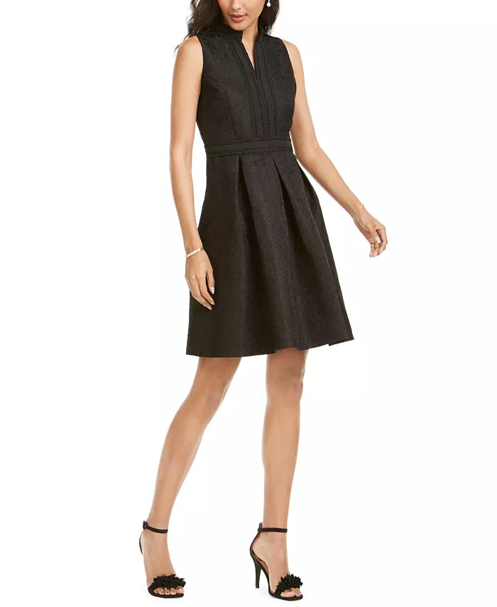 Vestido feminino bordado em linha A Pappagallo, preto, tamanho 12