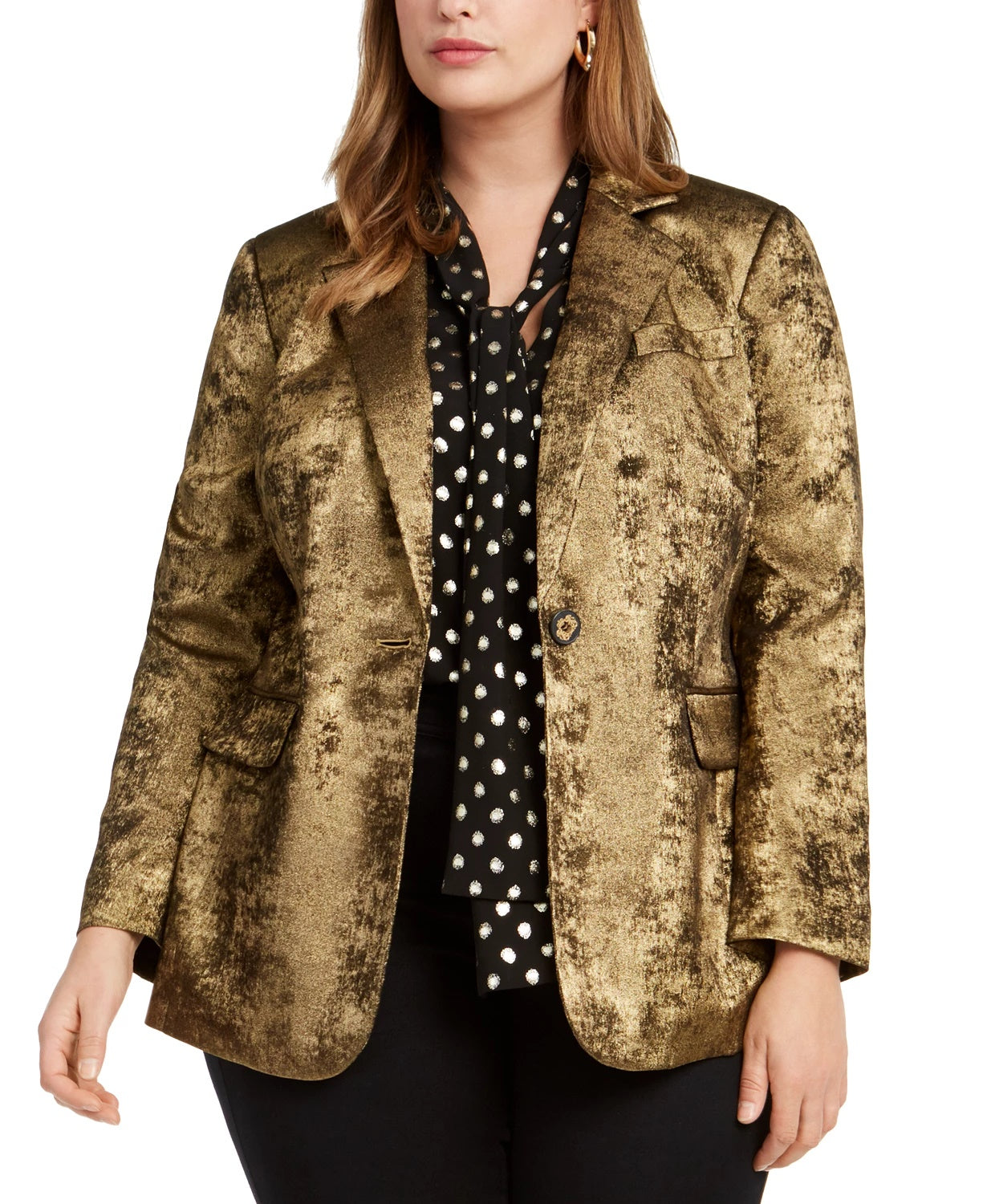 Blazer feminino Bar III, moderno, plus size, metálico, com um botão, dourado, tamanho 18W