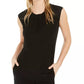 Blusa feminina Bar III com estampa de mídia mista e gola drapeada, preta, tamanho X-S