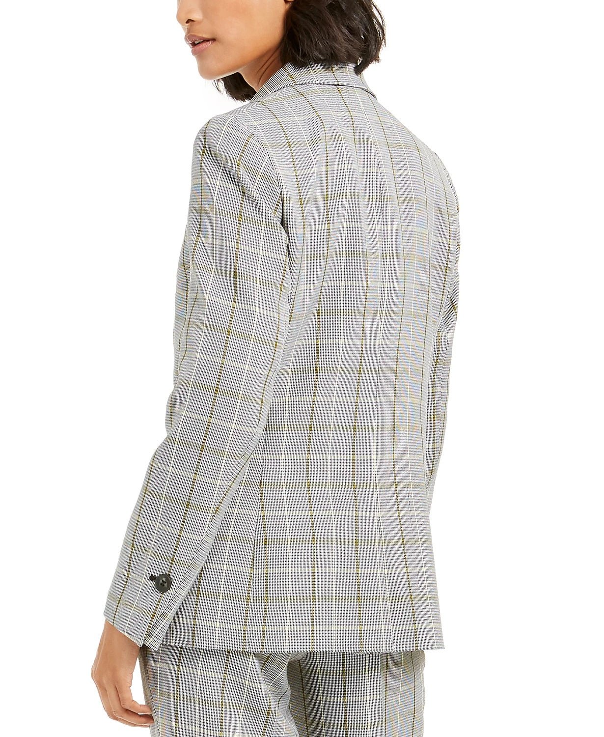 Blazer xadrez falso trespassado feminino Bar III, preto, tamanho 6