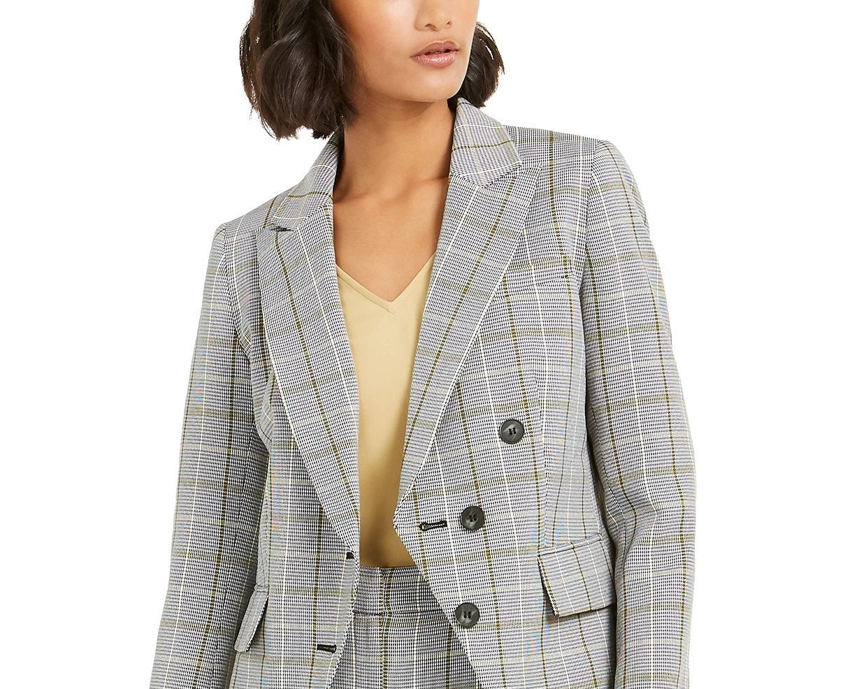Blazer xadrez falso trespassado feminino Bar III, preto, tamanho 6
