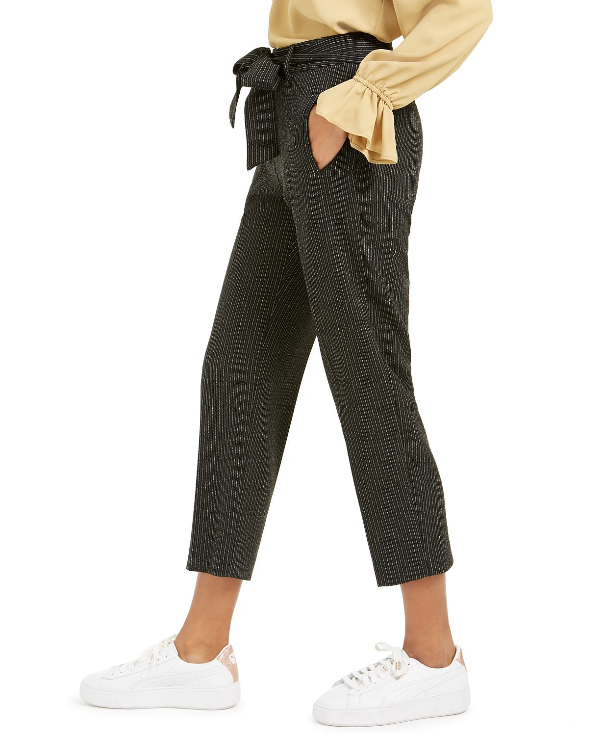 Calça feminina listrada com amarração na cintura Bar III, tamanho 6, cor carvão