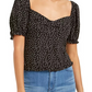 Ash &amp; Violet Top feminino com manga bufante e nó frontal e bolinhas, preto, tamanho extragrande