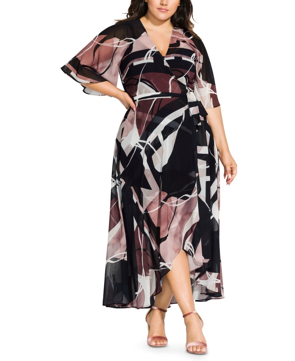 Vestido longo estampado Sahara da City Chic feminino, moderno e elegante, marrom, tamanho 24W