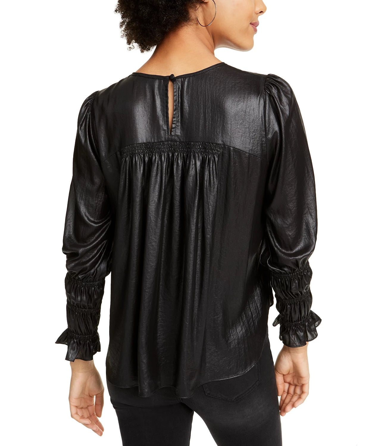 Blusa de couro sintético com franzido Current Air feminina, preta, tamanho pequeno