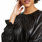 Blusa de couro sintético com franzido Current Air feminina, preta, tamanho pequeno