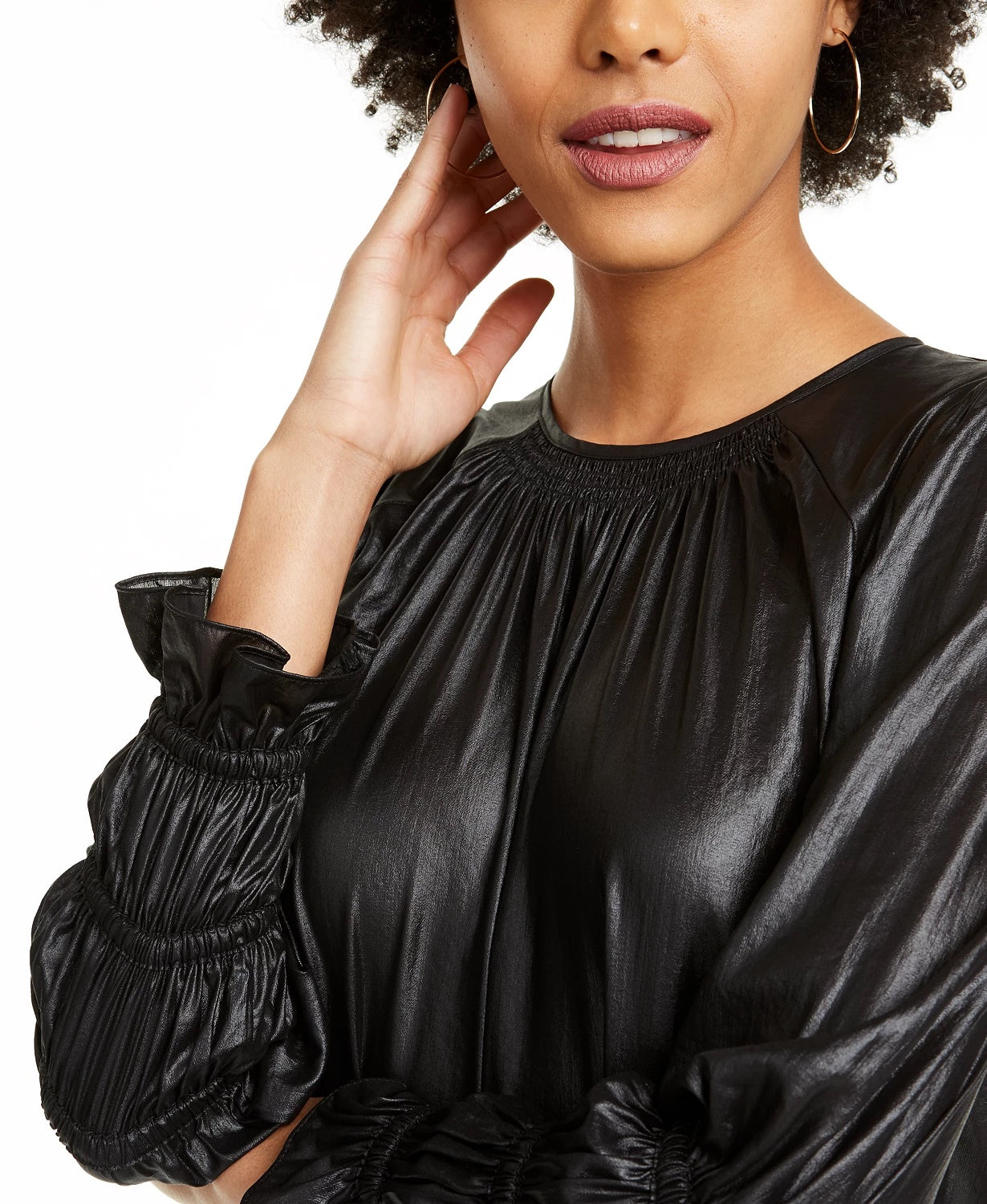 Blusa de couro sintético com franzido Current Air feminina, preta, tamanho pequeno