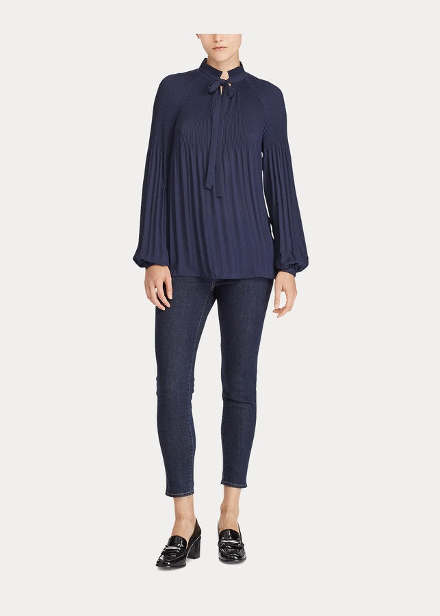 Ralph Lauren Georgette Top com decote em V, azul marinho, tamanho médio, para mulheres