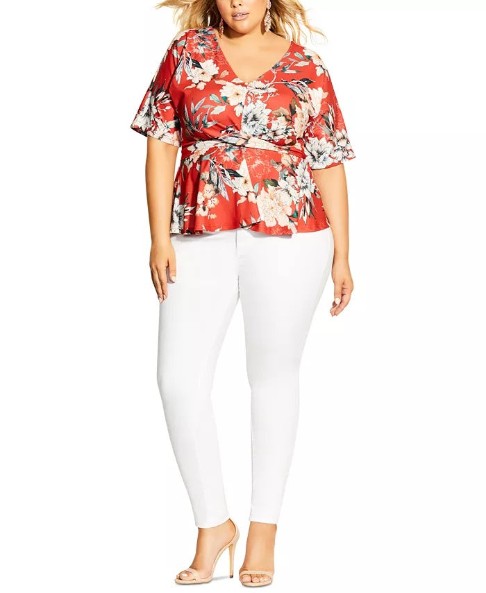 Top estampado plus size da City Chic feminino, laranja escuro, tamanho 20W, com frente torcida