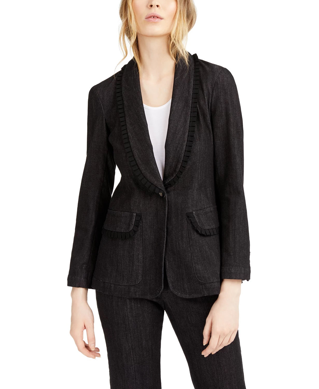 Nanette Lepore Go Getter Blazer Jeans com Babados Feminino Preto Tamanho X-S