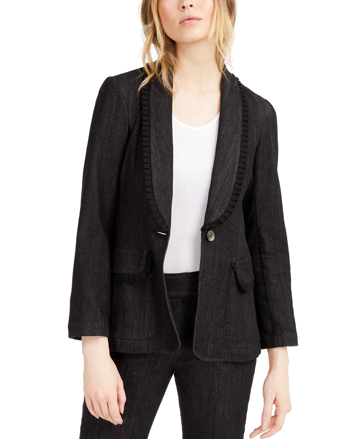 Nanette Lepore Go Getter Blazer Jeans com Babados Feminino Preto Tamanho X-S