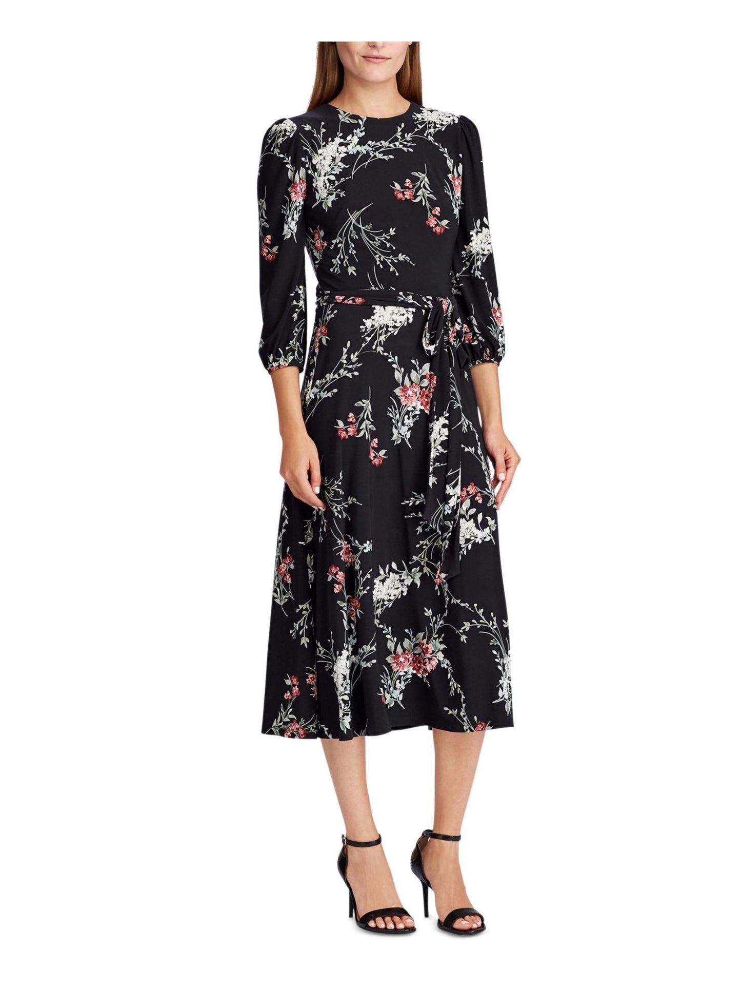 Vestido longo com cinto floral e manga comprida, gola redonda, preto, tamanho 0, da Ralph Lauren