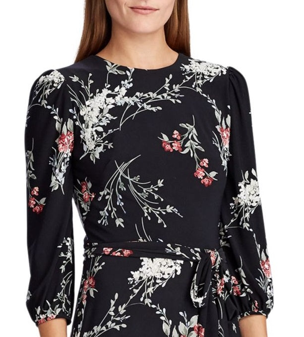 Vestido longo com cinto floral e manga comprida, gola redonda, preto, tamanho 0, da Ralph Lauren