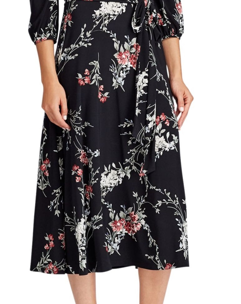 Vestido longo com cinto floral e manga comprida, gola redonda, preto, tamanho 0, da Ralph Lauren
