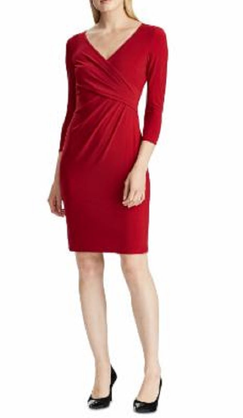 Vestido de coquetel Ralph Lauren feminino, manga comprida, decote em V, acima do joelho, vermelho, tamanho 6, pequeno