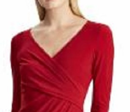 Vestido de coquetel Ralph Lauren feminino, manga comprida, decote em V, acima do joelho, vermelho, tamanho 6, pequeno