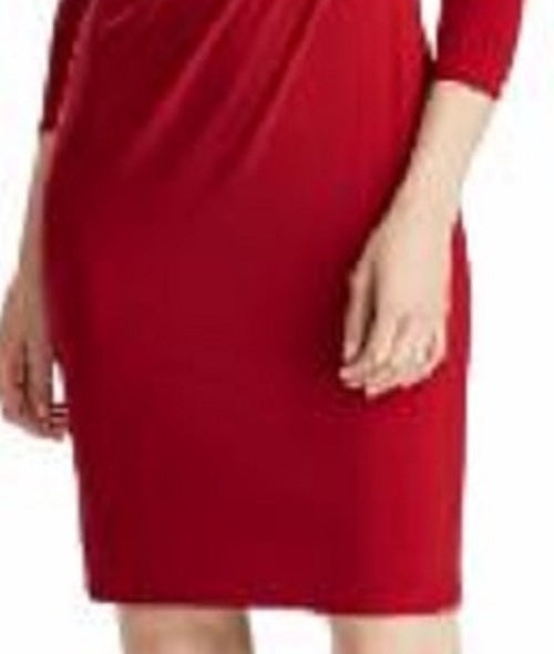 Vestido de coquetel Ralph Lauren feminino, manga comprida, decote em V, acima do joelho, vermelho, tamanho 6, pequeno