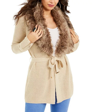 Cardigan canelado com acabamento em pele sintética Thalia Sodi feminino, tamanho médio, dourado