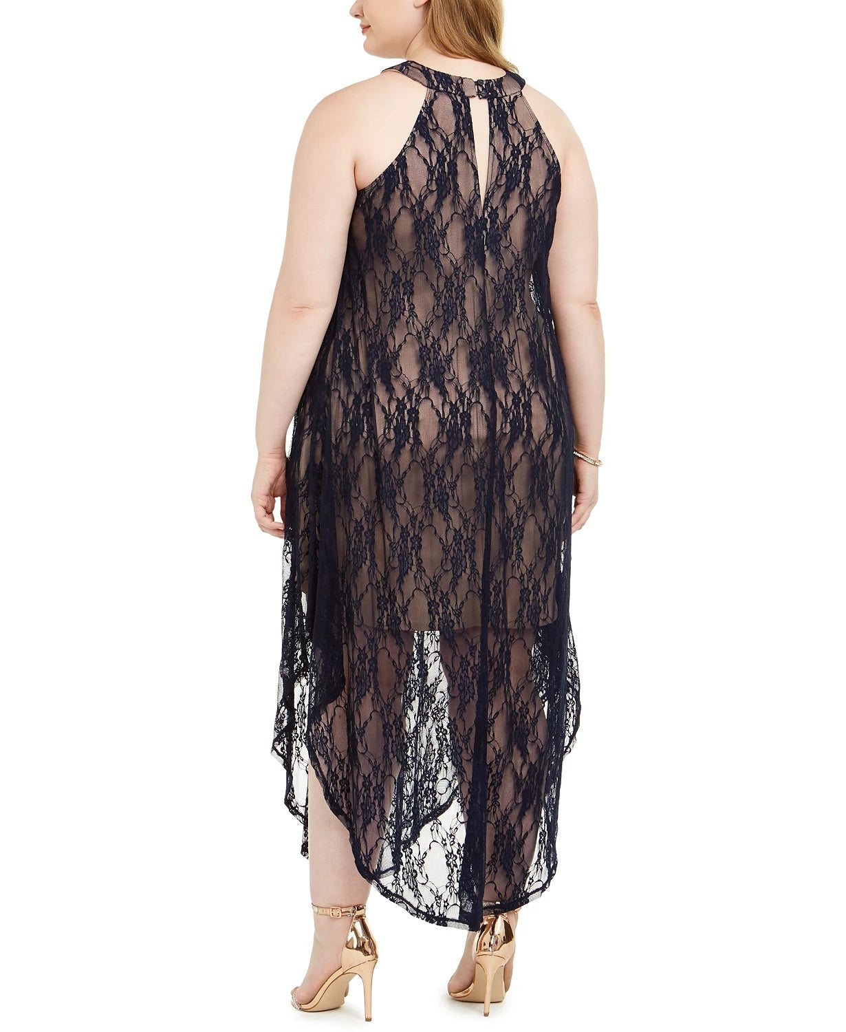 Vestido feminino plus size com sobreposição de renda Love Squared, azul escuro, tamanho 2X