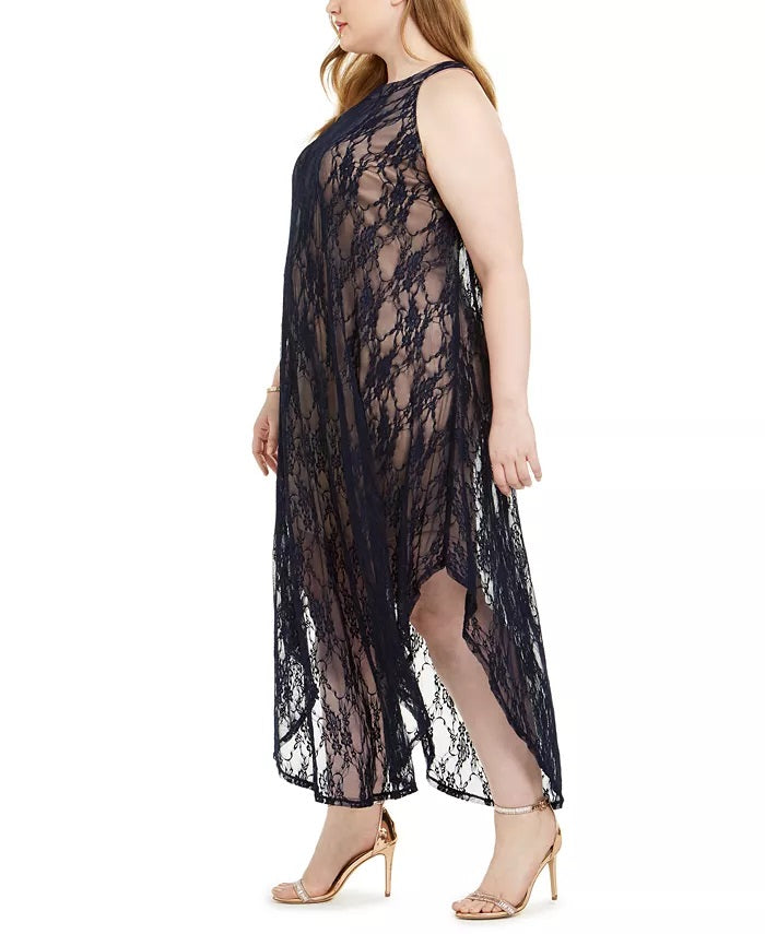 Vestido feminino plus size com sobreposição de renda Love Squared, azul escuro, tamanho 2X