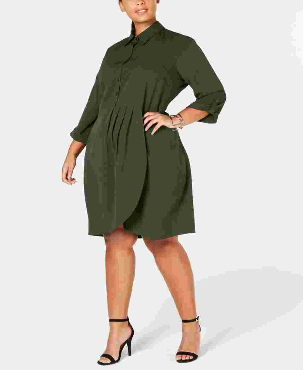 Vestido feminino Love Squared verde com manga 3/4 e decote acima do joelho, para usar no trabalho, tamanho 3X