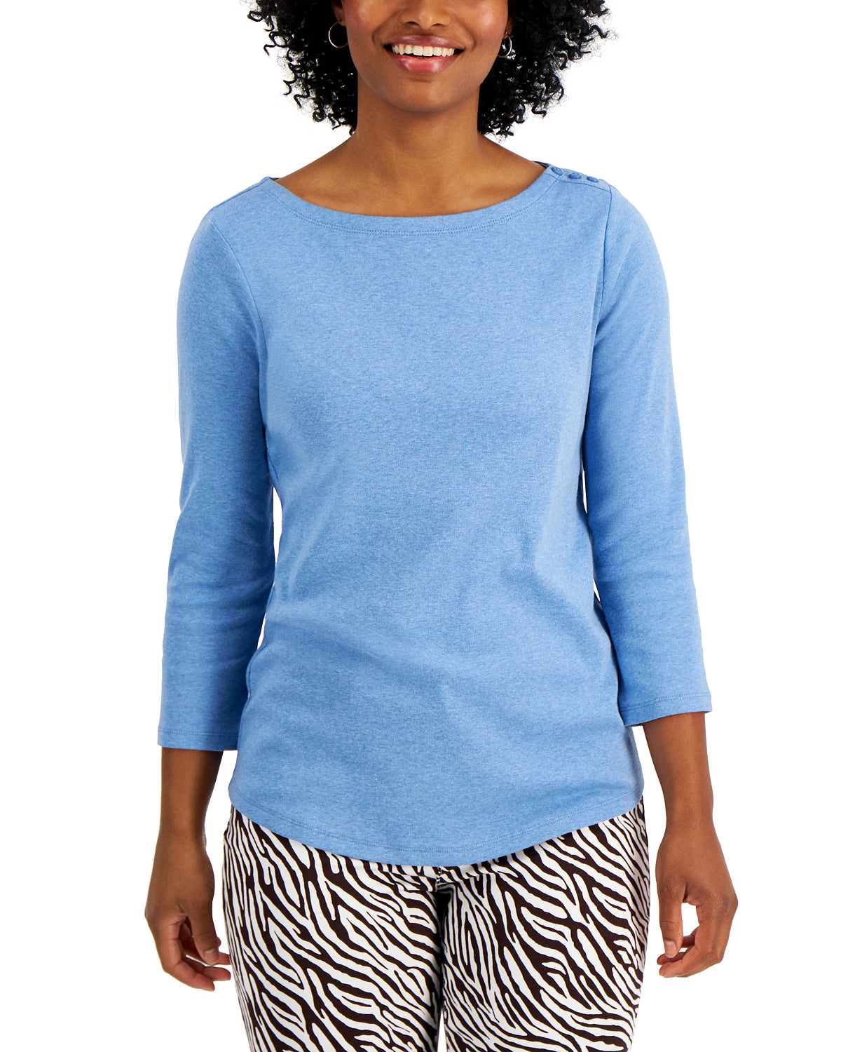 Charter Club Blusa feminina com decote canoa e botões, azul escuro, tamanho médio