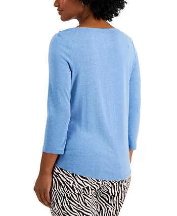 Charter Club Blusa feminina com decote canoa e botões, azul escuro, tamanho médio