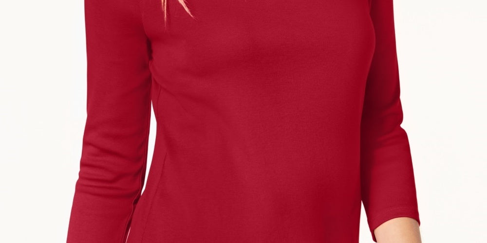 Charter Club Blusa feminina de algodão Pima com decote canoa e botões, vermelha, tamanho pequeno