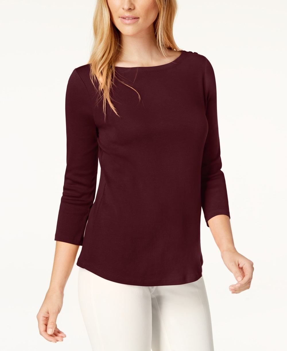 Charter Club Top feminino de algodão Pima com decote canoa e botões, tamanho XX-G, vermelho