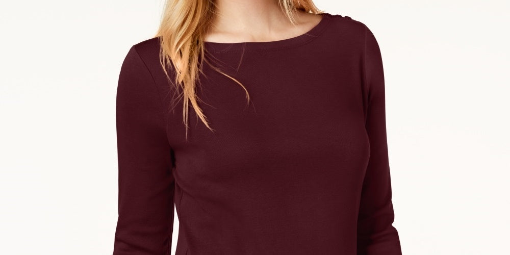 Charter Club Top feminino de algodão Pima com decote canoa e botões, tamanho XX-G, vermelho