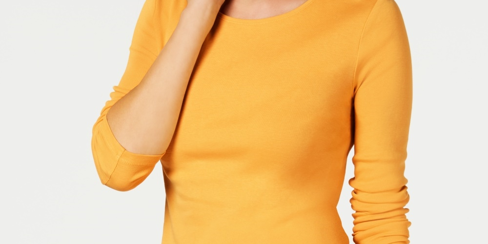 Camiseta feminina de manga comprida em algodão Pima Charter Club, tamanho XS, dourada