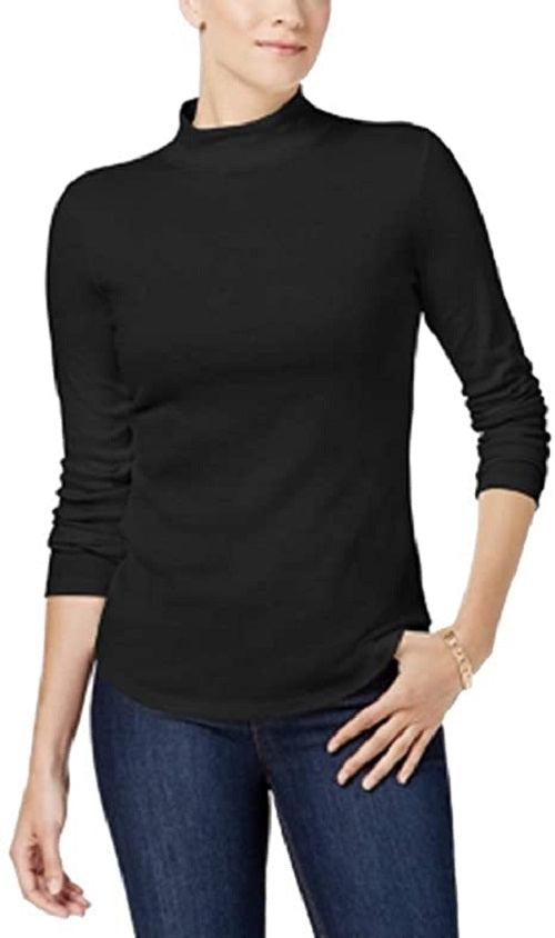 Camiseta feminina Charter Club de algodão com gola alta, preta, tamanho médio