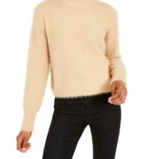 Suéter feminino Sun + Moon com gola alta e felpuda, bege, tamanho X-S