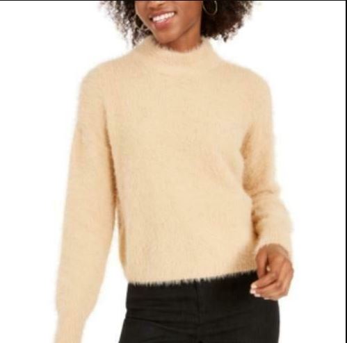 Suéter feminino Sun + Moon com gola alta e felpuda, bege, tamanho X-S