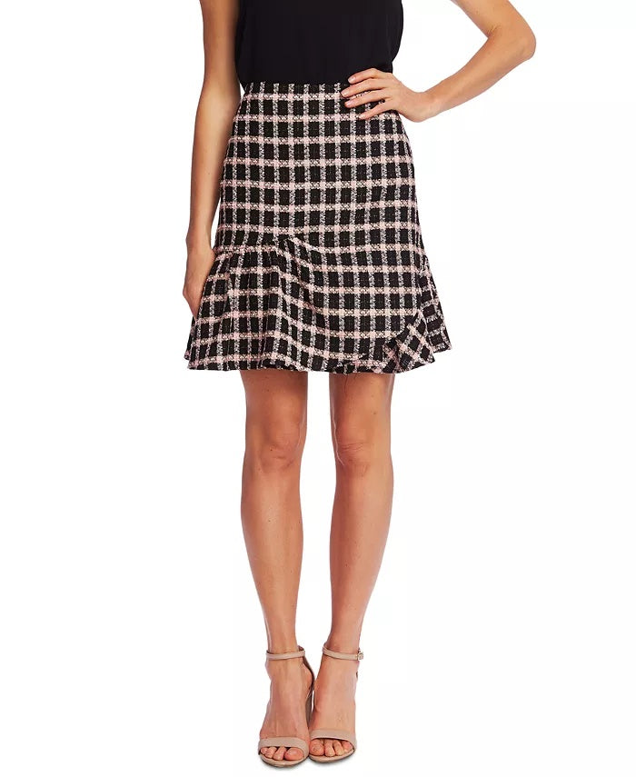 Saia feminina CeCe Grid Tweed com babados assimétricos, preta, cinza, tamanho 14