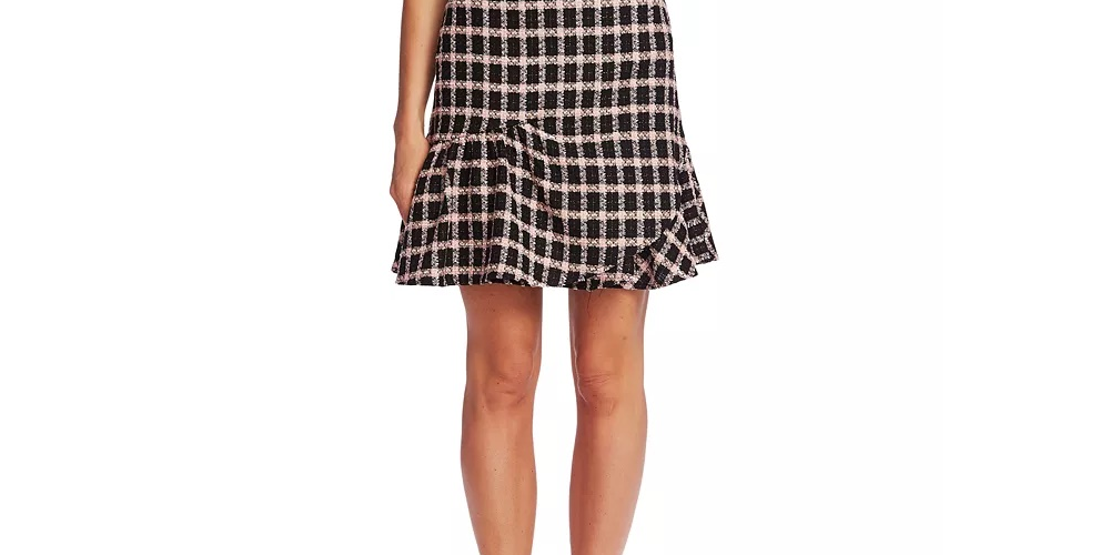 Saia feminina CeCe Grid Tweed com babados assimétricos, preta, cinza, tamanho 14