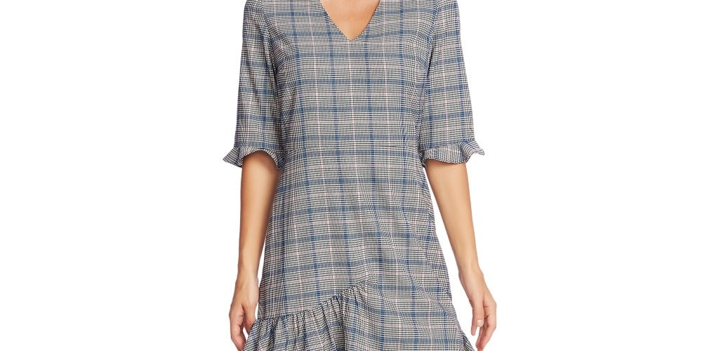 Vestido feminino CeCe Windsor Check com babados e bainha preta e cinza, tamanho 12